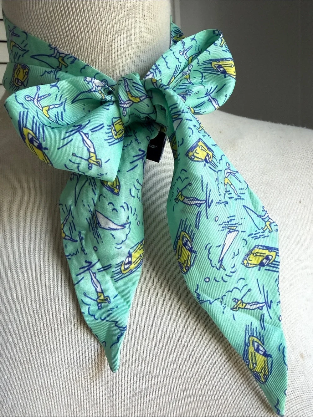 ⛳️ Echo Silk Preppy Aqua Teal Blue Ribbon Scarf Golf Convertible Car Sailboat